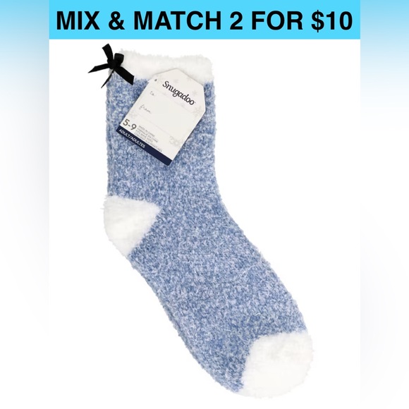 #x414 Snugadoo Plush Ankle Socks with Bow Blue Marled & White Fluffy Fuzzy Cabin - Picture 1 of 9